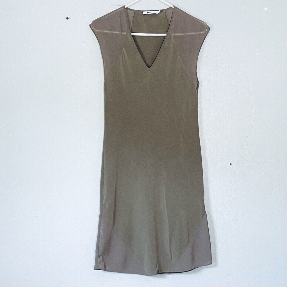 Alexander Wang T Dress Small Olive Green Silk Shift Mini Designer Minimalist - Picture 1 of 6